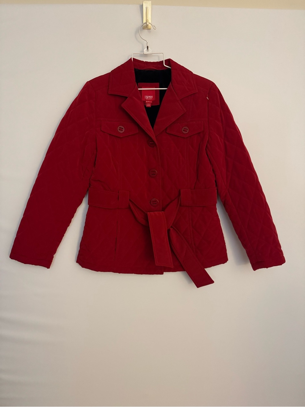 ESPRIT Quilted Diamond Pattern Coat Jacket Red Small Button Closure With Belt